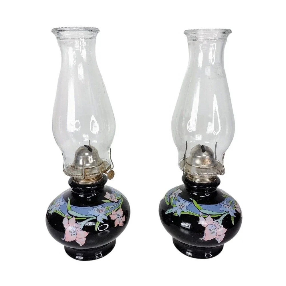 Kaadan LTD 80s Vintage Hand-Painted Black Glass Bamboo Floral Design Oil Lamps
